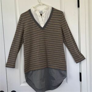Akris Punto size 8 M Layered Stripe Wool Sweater top Poplin collar hem 3/4 slv
